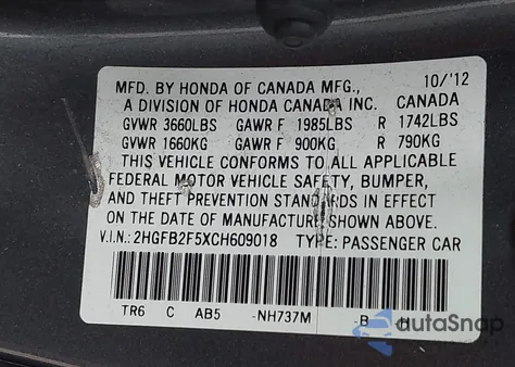 2012 Honda Civic Lx from USA, damaged, VIN 2HGFB2F5XCH609018